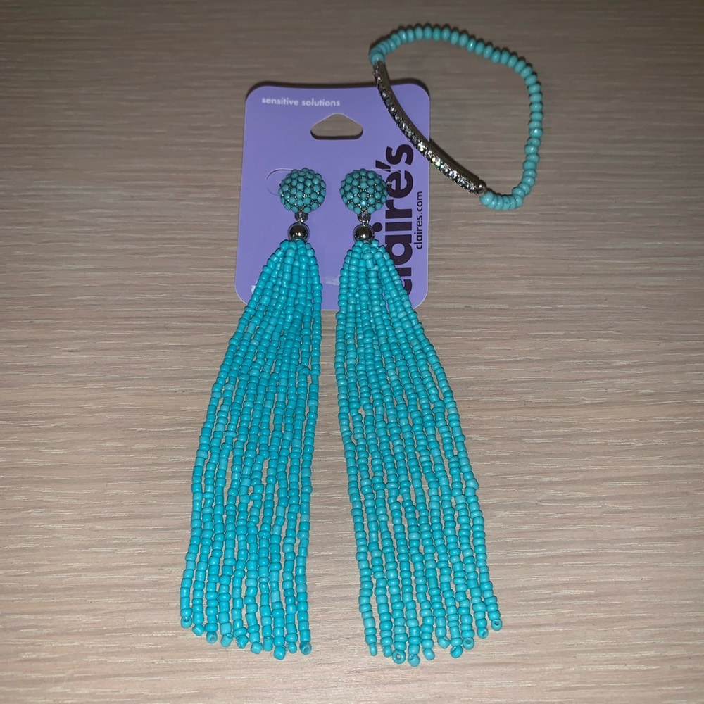 Long Beaded Earrings + Rhinestone Stretch Bracelet